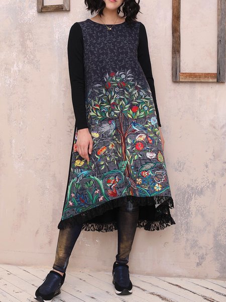 

Abito Colore-block Maniche Lunghe Misto Cotone, Nero, Maxi Dresses