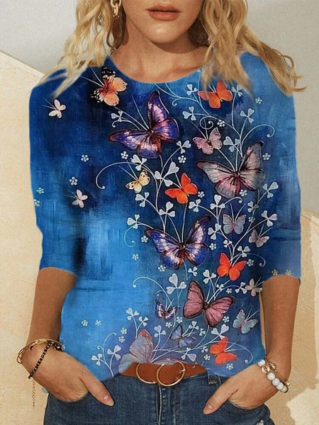 

Casual Long Sleeve Butterfly Print Tops, As picture, Long sleeve tops