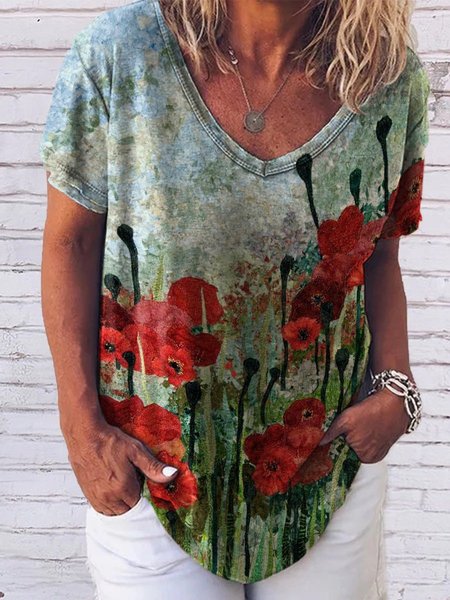 

Floral Long Sleeve V Neck Women's Tee, Multicolor, T-shirts