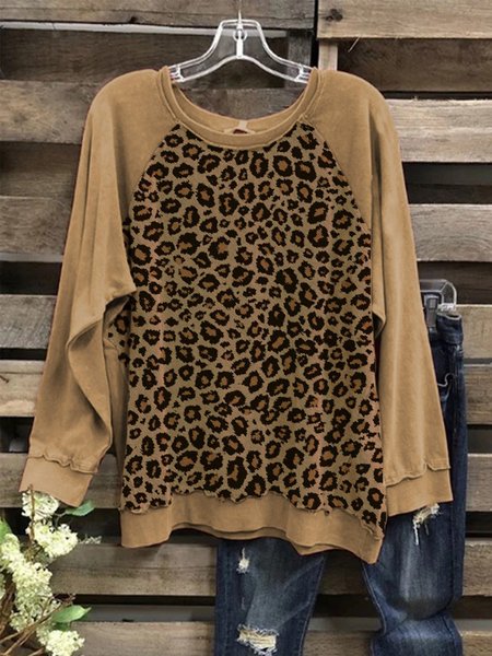 

Leopard Long Sleeve Round Neck Cotton-Blend Shirts & Tops, Khaki, Winter Clearance