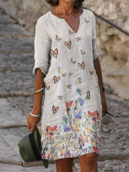 

Vintage Butterflies Printed Plus Size 3/4 Sleeve Casual Dresses, Gray, Dresses