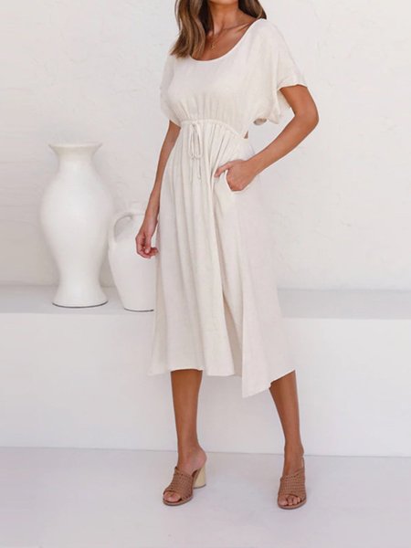 

Short Sleeve Cotton Dress, White, Midi Dresses