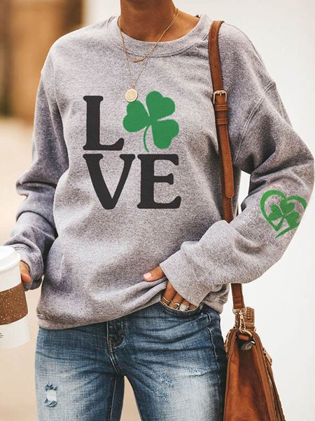 

LOVE Lucky Four-leaf Clover Graphic Casual Sweatshirt, Gray, Hoodies&Sweatshirts