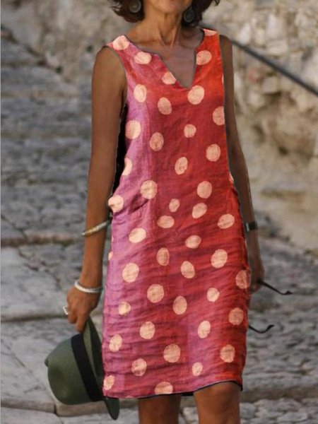 

Vintage Polka Dots Plus Size Sleeveless Casual Dresses, Red, Dresses