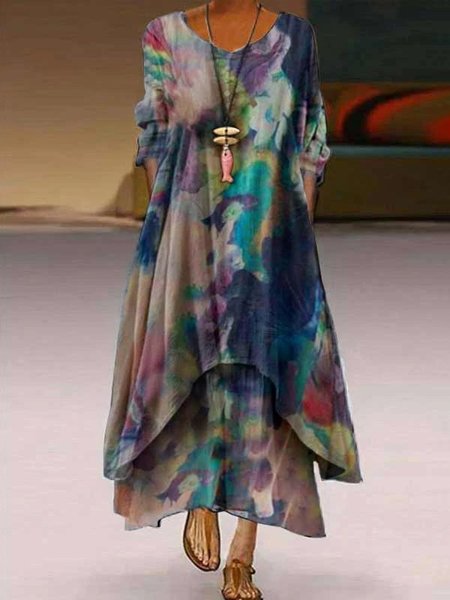 

Asymmetric A-Line Casual Crew Neck 3/4 Sleeve Maxi Dresses, Purple, Tie dye dress