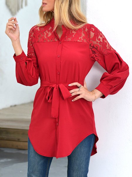 

Paneled Long Sleeve Stand Collar Top, Red, Blouses and Shirts