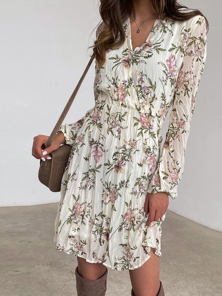 

Long Sleeve Floral V Neck Dress, White, Mini Dresses