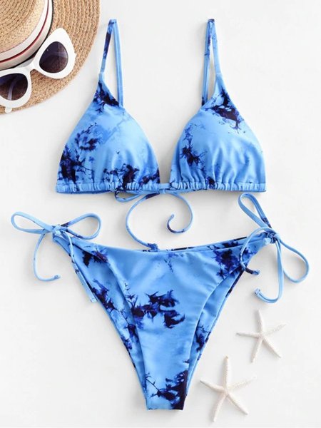 

Strapped Ombre/tie-Dye Printed Swimwear, Blue, Bikinis