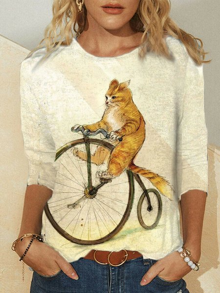 

Lovely Cat Print Round-neck Long Casual T-shirt, Beige, Tees & T-shirts