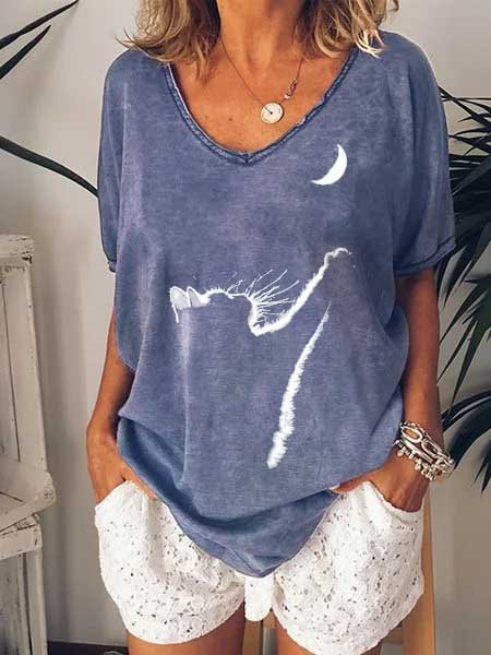 

Cat And Moon V Neck Long Sleeve Cotton-Blend Shirt, Blue, T-shirts