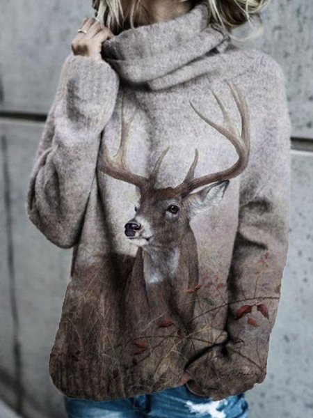 

Turtleneck Polyester Cotton Animal Long Sleeve Shirts & Tops, Khaki, Winter Clearance