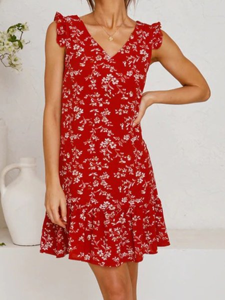 

V Neck Holiday Sleeveless Dress, Red, Mini Dresses