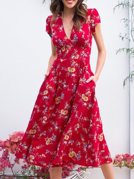 

Floral Short Sleeve Floral-Print V Neck Dress, Red, Dresses