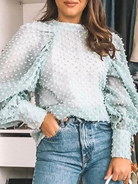 

Long Sleeve Jacquard Solid Vintage Top, Green, Blouses and Shirts