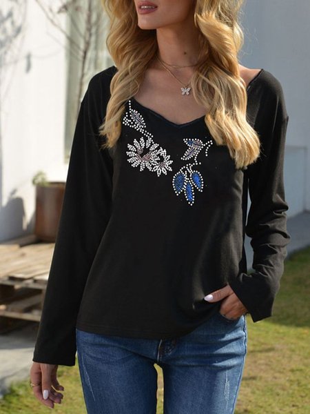 

Beaded V Neck Long Sleeve Floral Top, Black, Tops