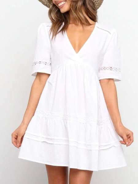 

Holiday V Neck Short Sleeve Dress, White, Mini Dresses