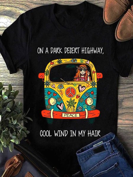 

Women Casual Letter Cartoon-Print Crew Neck T-Shirts, Black, Tops