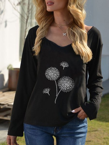 

V Neck Long Sleeve Casual Beaded Top, Black, Tees