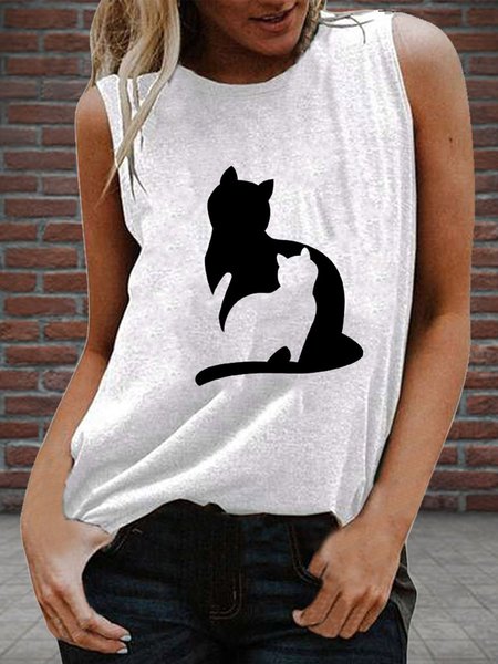 

Cat Casual Sleeveless Shift Shirts & Tops, White, Tanks & Camis