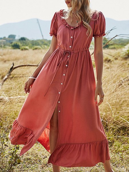 

Plain Short Sleeve Midi Dress, Cameo, Midi Dresses