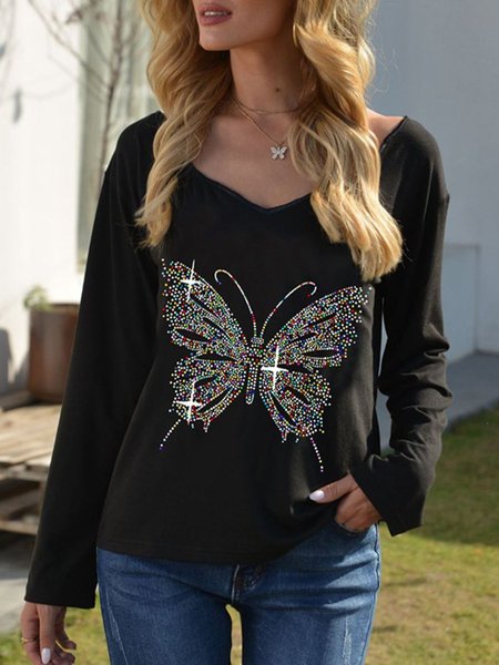 

Long Sleeve Appliqued Butterfly Top, Black, Tops