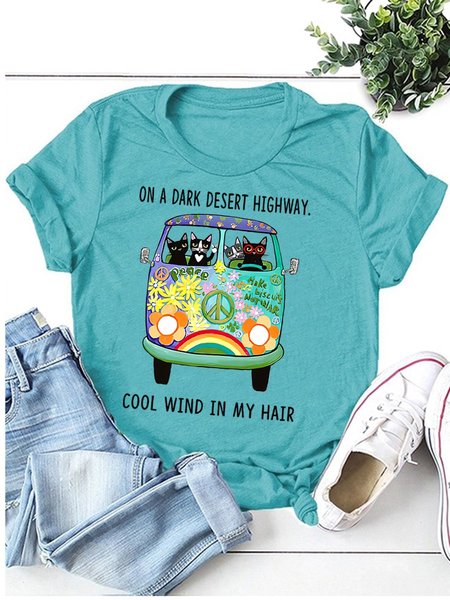 

Cat Graphic Short Sleeve Crew Neck T-shirt, Turquoise, Tees & T-shirts