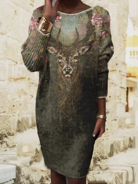 

Crew Neck Long Sleeve Casual Weaving Dress, Multicolor, Mini Dresses