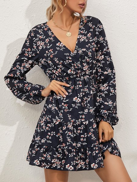 

Floral-Print V Neck Long Sleeve Floral Dress, As picture, Mini Dresses