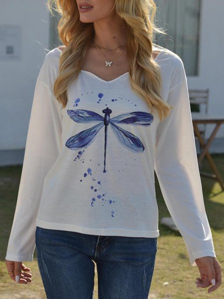 

Printed Casual Long Sleeve Top, White, Tees