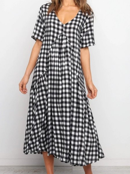 

Short Sleeve Holiday V Neck Dress, Black, Midi Dresses