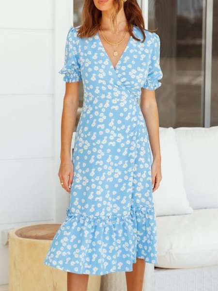 

Printed Short Sleeve Floral Dress, Blue, Midi Dresses