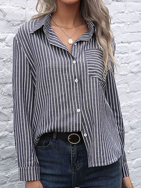 

Casual Long Sleeve Pockets Stripes Top, Deep gray, Blouses and Shirts