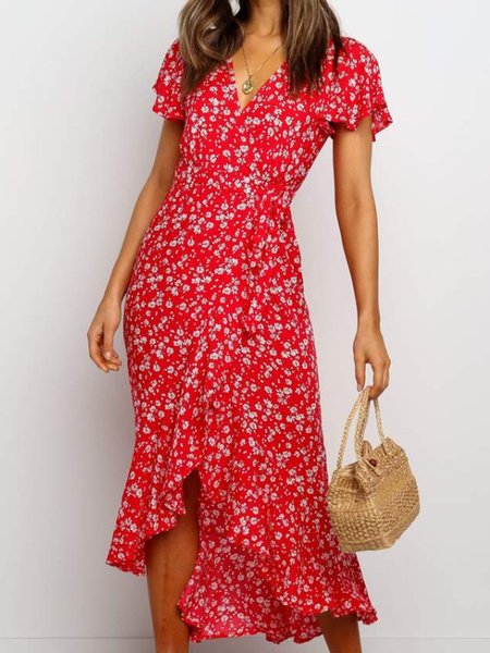 

V Neck Midi Dresses Holiday Printed Dress, Red, Midi Dresses