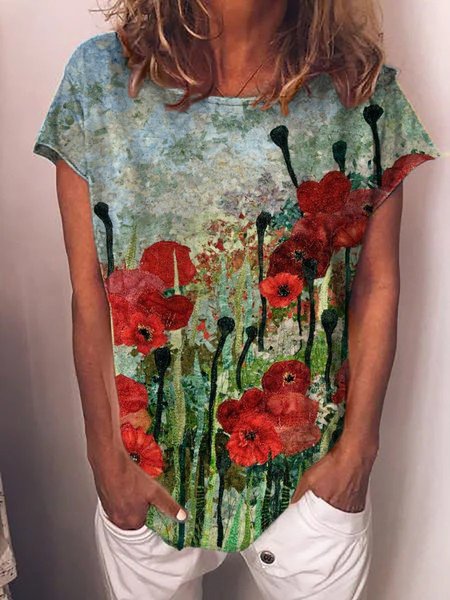

Flower Printed Short Sleeve Casual Tee, Red, T-shirts