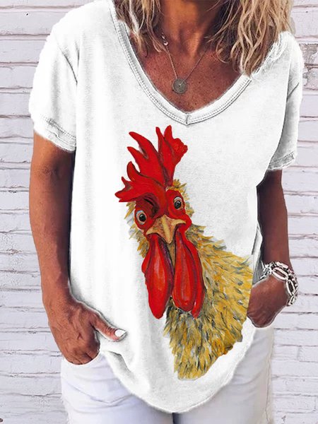 

Casual Animal Printed V-Neck Shirts & Tops, White, T-Shirts