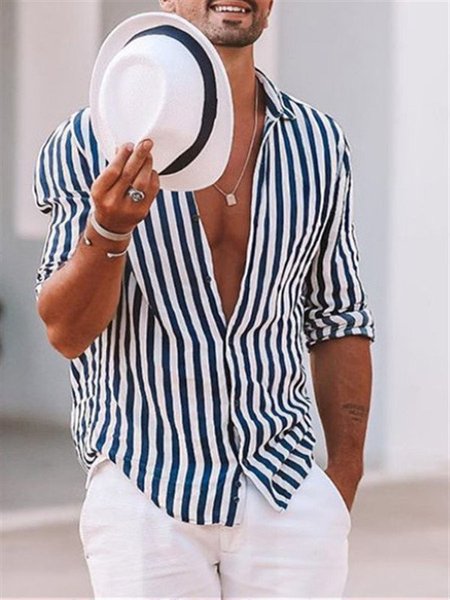 Camicie & Top Colletto a Camicia Cotone E Lino, Banda-blu, Men's Top