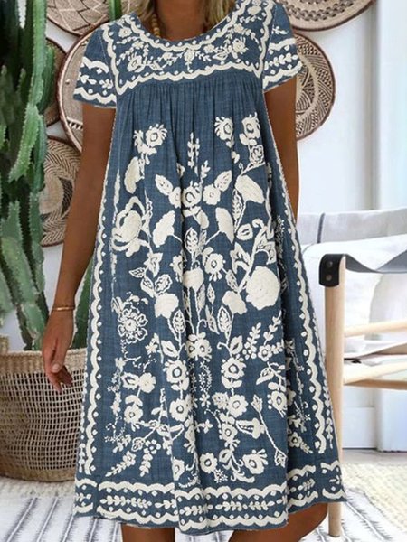 

Casual Short Sleeve Crew Neck Printed Weaving Dress, Blue, Boho dresses