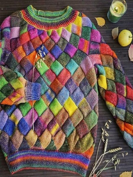 

Top Vintage Multicolore Maniche Lunghe Girocollo Statement Casuale, Sweater