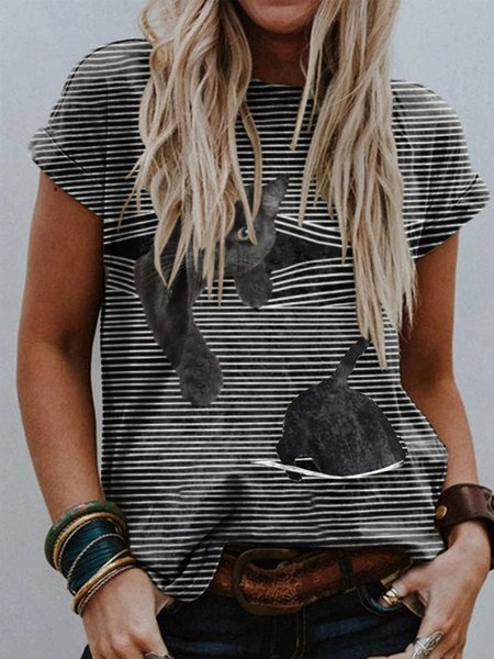 

Black Cat Print Women Stripe Short Sleeve Tee T-shirt, T-shirts