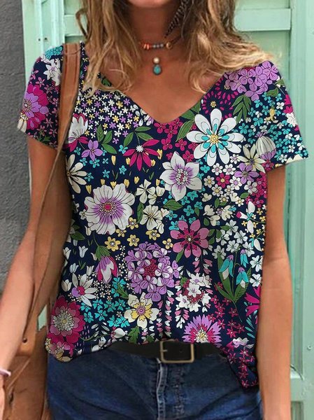 

Casual V Neck Cotton-Blend Floral T-Shirts, Purple, Tees & T-shirts