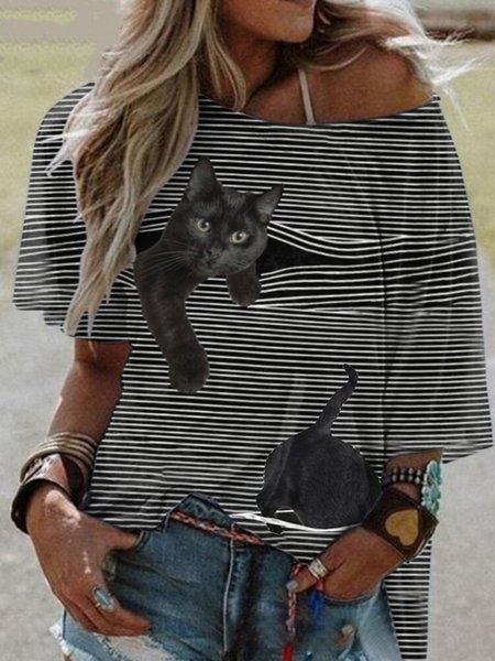 

Cat Print Women Tee, Black, T-shirts