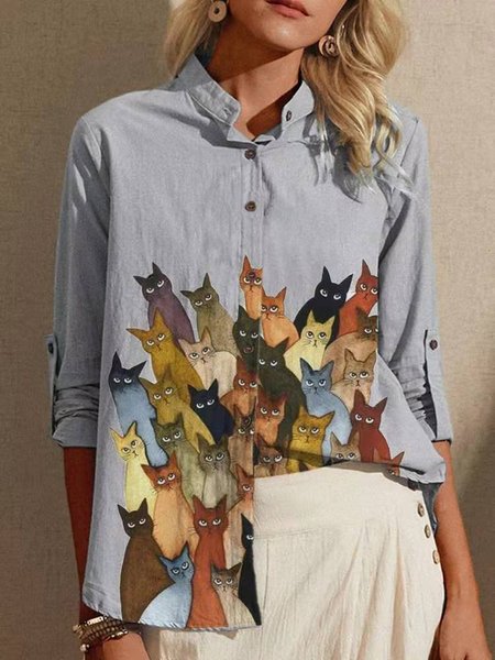 

Casual Long Sleeve Shawl Collar Blouse, Light blue, Shirts & Blouses