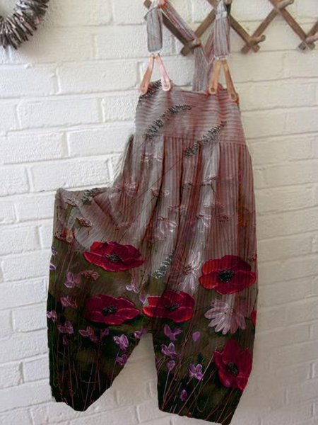 

Plus Size Cotton-Blend Crew Neck Boho Floral One-Pieces, Multicolor, Jumpsuits & Rompers