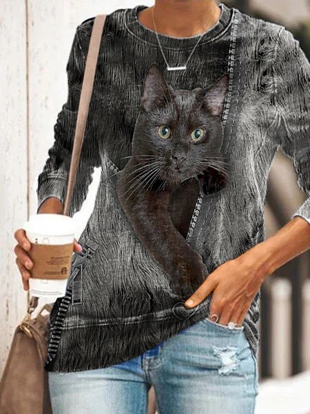 

Cute Cat Women's Long Sleeve Casual T-Shirt, Black, Hoodies&Sweatshirts