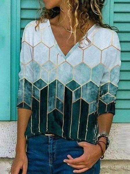 

Printed Casual Geometric Long Sleeve Shirts & Tops, Green, Tops