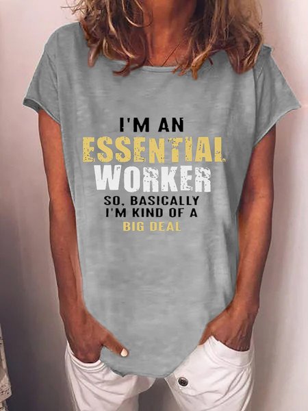 

Im An Essential Worker Letter Graphic Big Round Neck Tee, Gray, T-shirts