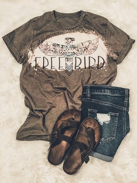 

Eagle Letter Print Short Sleeve Casual Tee, Brown, T-Shirts