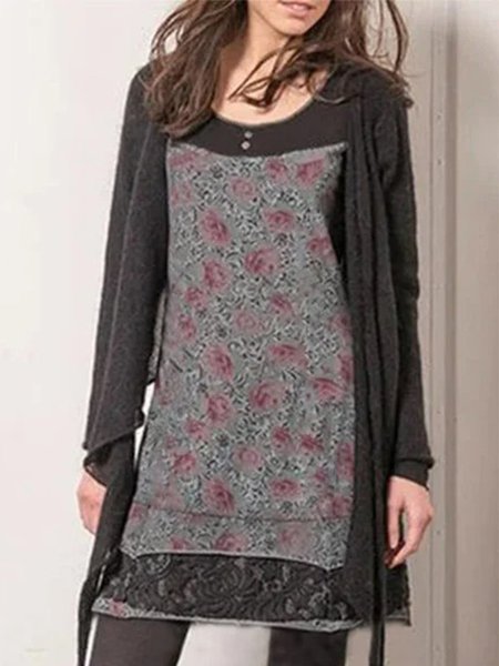 

Vintage Stampata Floreale Panelled Maniche Lunghe Girocollo Gonna Casuale, Grigio scuro, Midi Dresses