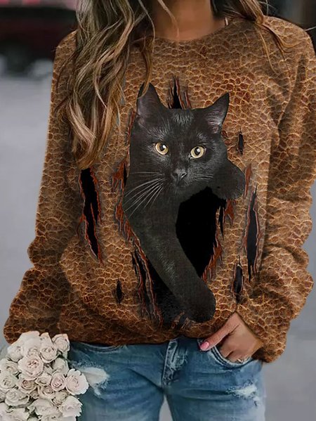 

Cat Print Women Sweatshirt, Brown, Hoodies & Sweatshirts
