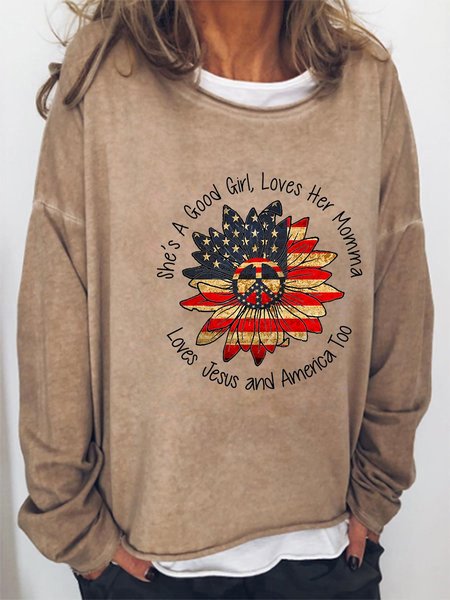

She's A Good Girl Loves Her Mamma Loves Jesus and America Too Graphic Loose Casual Long Sleeve Top, Light brown, Hoodies&Sweatshirts